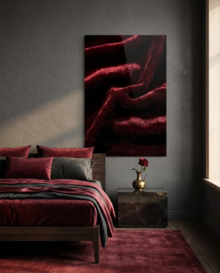 Crushed wine-red velvet where light pools across the flattened nap and sinks into deep, shadowed folds.