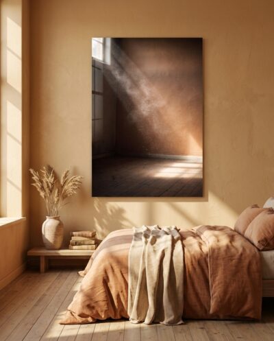 A single shaft of morning light crosses an empty room, alive with drifting dust and a quiet, radiant warmth.