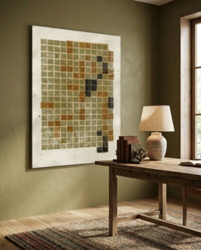 A soft grid of olive and sienna squares gathers across the upper field, each hand-drawn cell gently imperfect against warm paper.