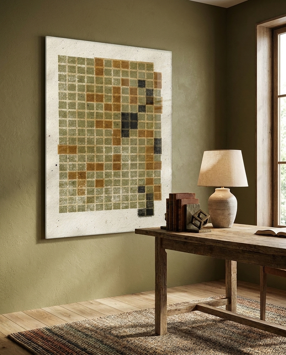 A soft grid of olive and sienna squares gathers across the upper field, each hand-drawn cell gently imperfect against warm paper.