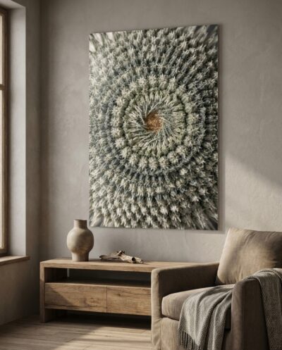 Hundreds of tiny florets lock into interlocking spirals, a seed head resolving into quiet, living mathematics.