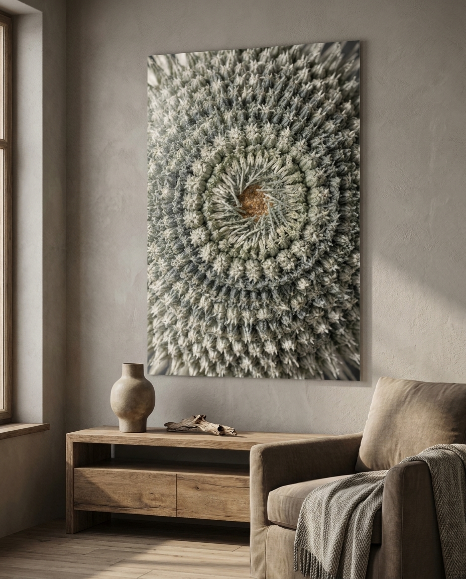 Hundreds of tiny florets lock into interlocking spirals, a seed head resolving into quiet, living mathematics.