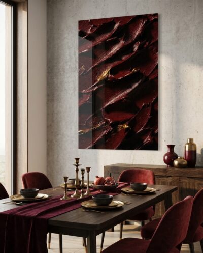 A close-up wall of thick oxblood pigment, palette-knife ridges standing proud with glints of gold and shadows pooling in crimson valleys.