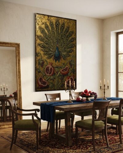 A jewelled mosaic peacock unfurls its iridescent tail above vines and split pomegranates on a shimmering field of gold.
