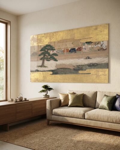A handscroll episode of raked garden, pond and arched bridge, bracketed by gold mist, where robed figures rest behind bamboo blinds.