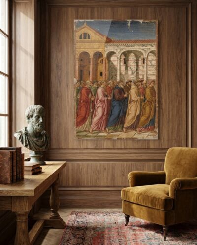 A quiet file of robed citizens moves beneath round arches past banded marble façades, a strip of lapis sky above the flattened, generous town.
