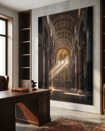 Shafts of clerestory light cross a marble colonnade toward a gold-lit apse, sacred, hushed and drenched in warm depth.