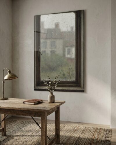 An old window streaming with rain, the world beyond melted into a soft grey-green blur, each drop a small catching lens.