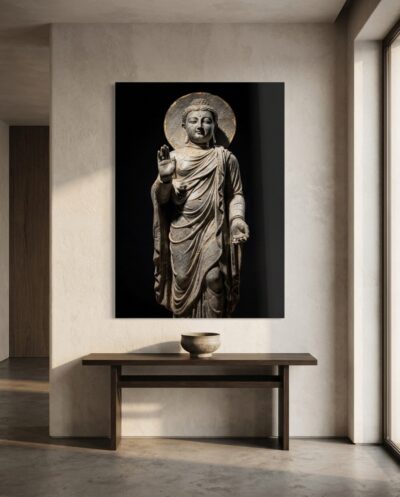 A standing Buddha in flowing Greco-Indian robes lifts one hand in reassurance, radiant beneath a halo of carved stone.