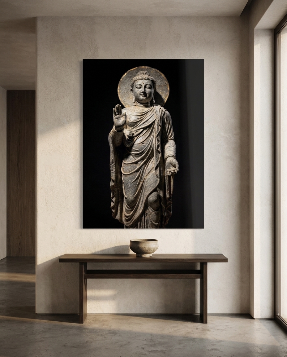 A standing Buddha in flowing Greco-Indian robes lifts one hand in reassurance, radiant beneath a halo of carved stone.
