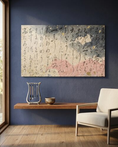 A Heian poem-sheet of torn rose and indigo papers, drifting flecks of gold, and loose columns of flowing cursive brushwork that read as pure ornament.