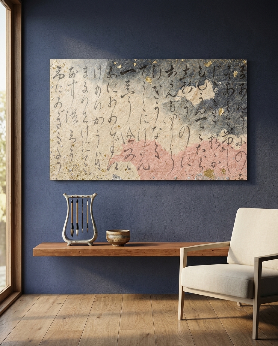 A Heian poem-sheet of torn rose and indigo papers, drifting flecks of gold, and loose columns of flowing cursive brushwork that read as pure ornament.