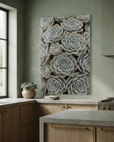 Seen from above, silvery succulents press together into a mosaic of radial stars, each rosette dusted with a soft, powdery bloom.