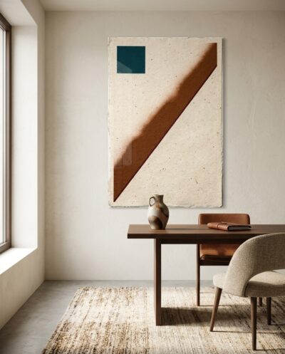 A single burnt-sienna diagonal cleaves the handmade page in two, balanced by one small teal square on a warm, deckled ground.