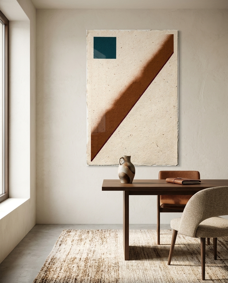 A single burnt-sienna diagonal cleaves the handmade page in two, balanced by one small teal square on a warm, deckled ground.