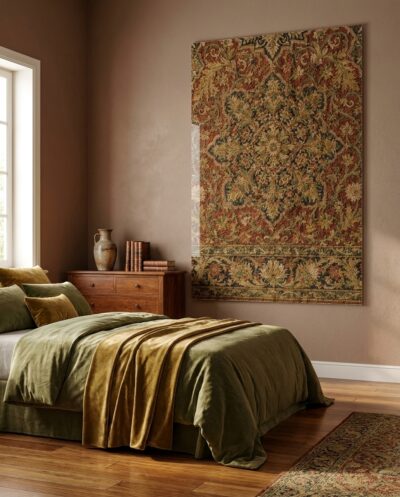 A Safavid carpet climbs the wall like a woven garden, its jewel-toned medallion floating over an endless field of scrolling bloom.