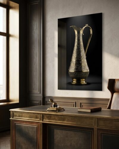 A tall brass ewer sheathed in silver arabesque stands luminous against deep shadow, its ornament catching both warm and cool light.