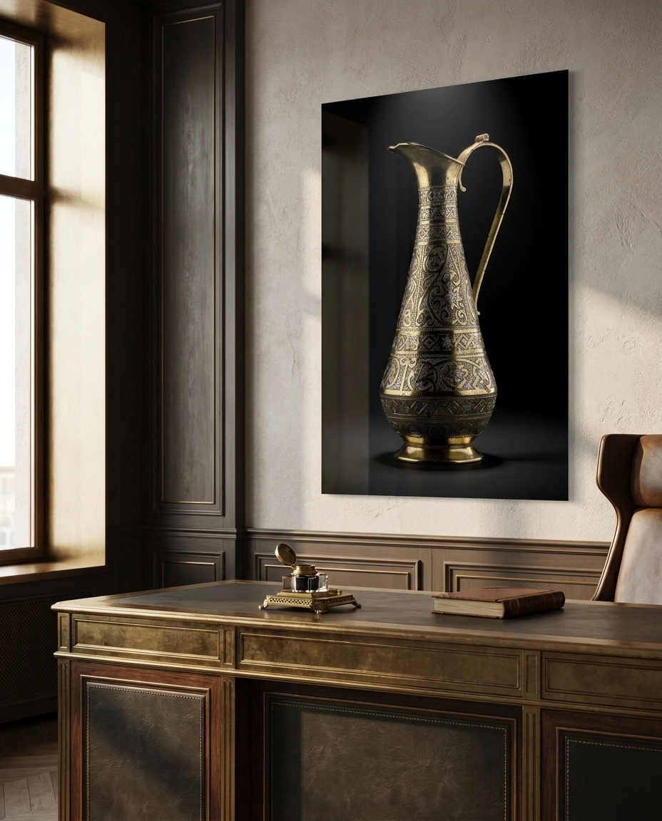 A tall brass ewer sheathed in silver arabesque stands luminous against deep shadow, its ornament catching both warm and cool light.