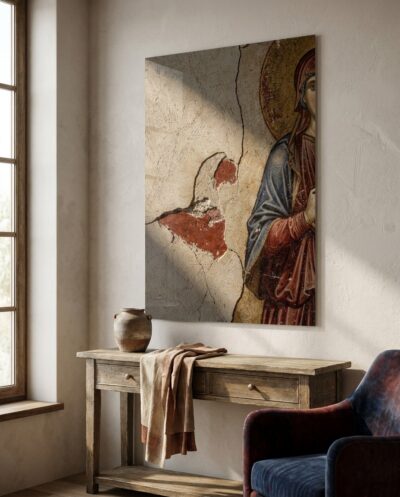 A fresco surface reads as quiet abstraction — plaster seams, incised lines and a flaked patch baring the red underdrawing, with a draped arm and gilded halo at the edge.
