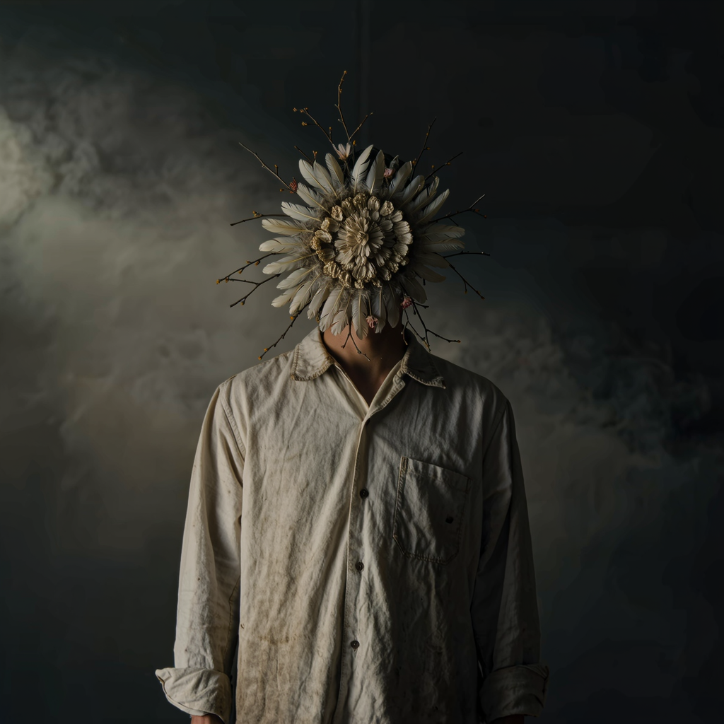 Sorven, resident signature of YTY Studio: an anonymous figure whose face is concealed behind a dense radial mask woven from pale feathers, dried petals and thin branches, against a dark clouded backdrop.