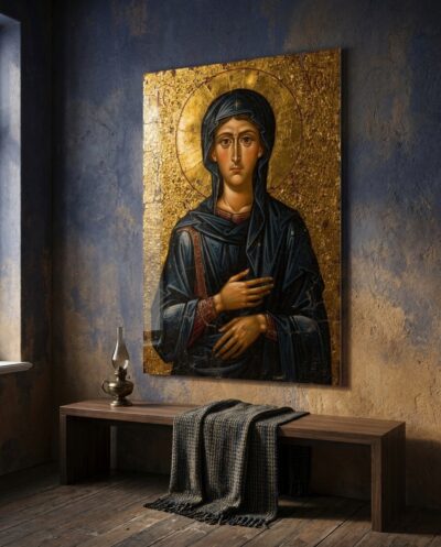A solemn figure in deep blue turns toward you from a field of burnished gold, one hand pressed quietly to the heart.