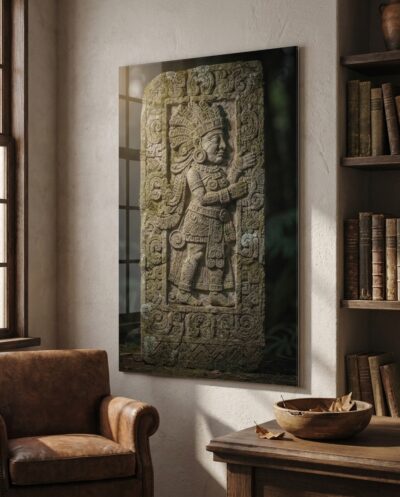 A towering carved stela of a feathered lord in profile, its stone glyphs and lichen catching the first raking light of a jungle dawn.