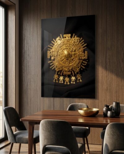 A hammered gold sun disc, its raised rays flaring with warm fire against deep black cloth.