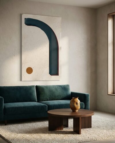 A bold teal arc sweeps upward across a warm cream field, launched from a single caramel dot toward the frame's edge.