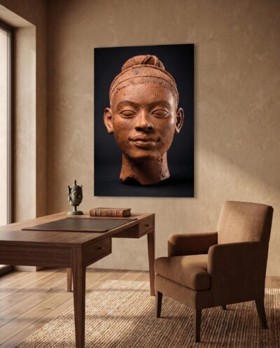 A fired terracotta head, its striated face lit softly against deep shadow, calm and unmistakably human.