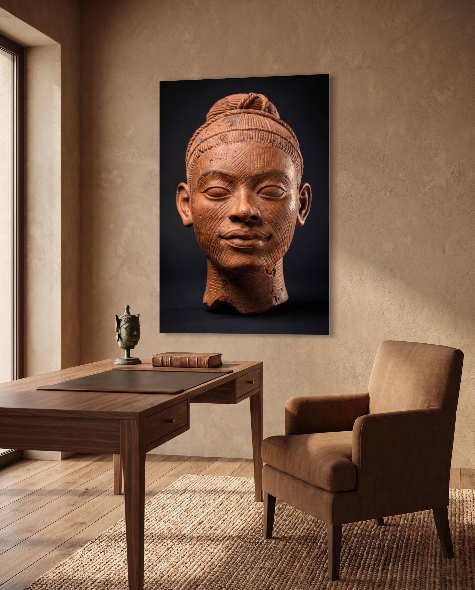A fired terracotta head, its striated face lit softly against deep shadow, calm and unmistakably human.