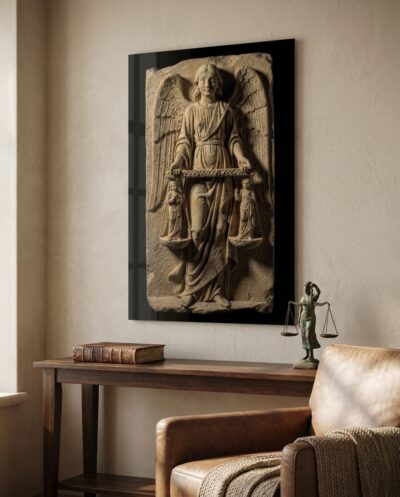 A stone angel holds the scales of judgment, two robed souls balanced in the pans, drapery grooved deep by the chisel.
