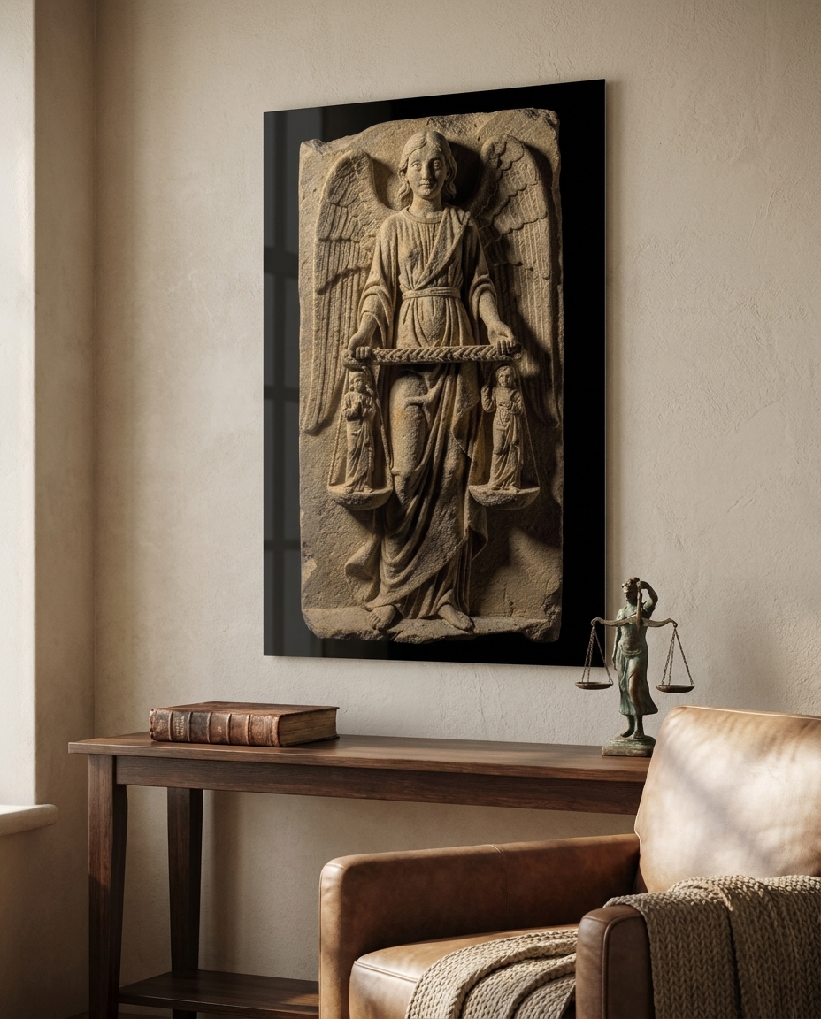 A stone angel holds the scales of judgment, two robed souls balanced in the pans, drapery grooved deep by the chisel.
