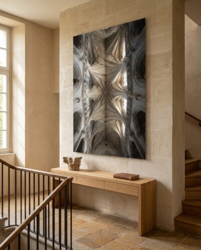 The eye is drawn straight up into a Gothic rib vault, where pale stone ribs converge on a single carved boss overhead.