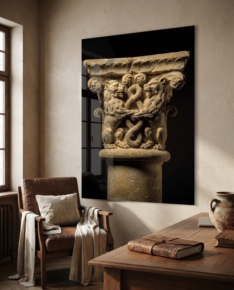 A Romanesque capital of two confronted lions, their tails knotted into interlace, emerging from deep shadow in warm carved stone.