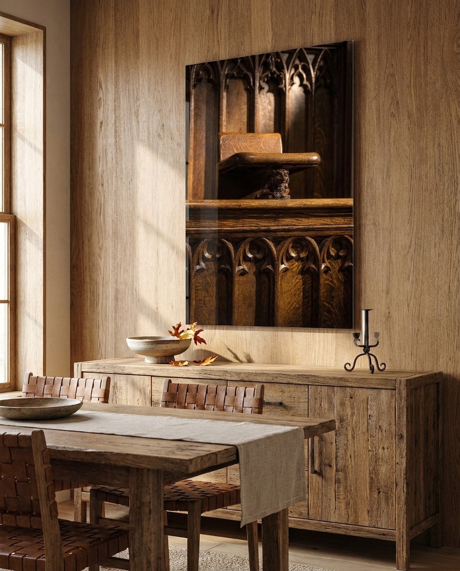 Dark, waxed oak choir stalls rise through folded panels and pierced tracery to a small grotesque hidden beneath a seat.