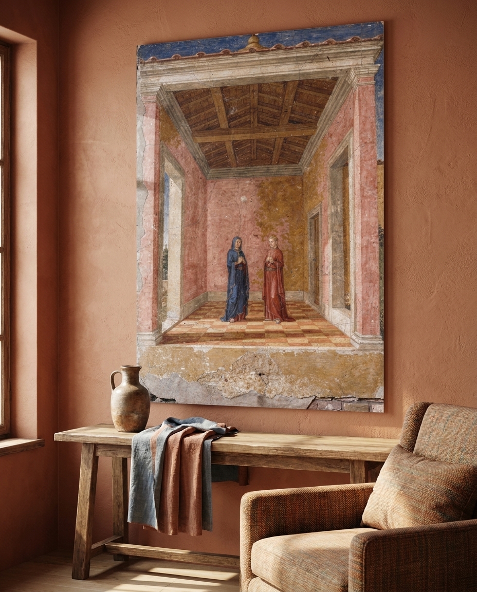 A little painted room opens before you, its walls cut away to reveal two robed figures standing quietly in a gently impossible depth of pink and ochre.