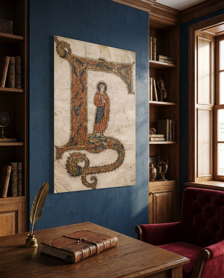 A hallowed figure stands poised amidst the serpentine coils of a gilded initial, where the sacred and the mythic intertwine on aged parchment.