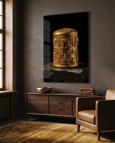 A gilded Buddhist reliquary casket glows on a dark stone plinth, its hammered garlands and seated figures catching warm devotional light.