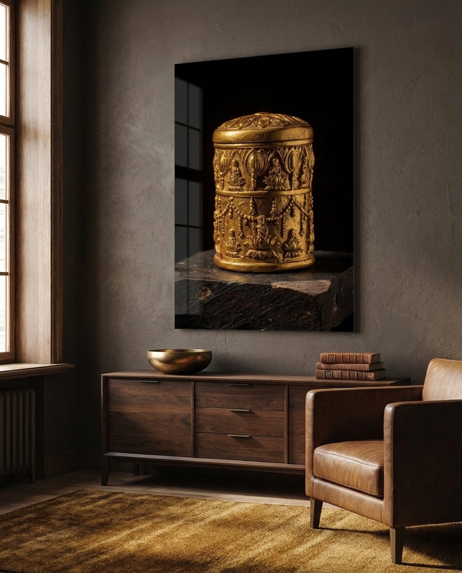 A gilded Buddhist reliquary casket glows on a dark stone plinth, its hammered garlands and seated figures catching warm devotional light.