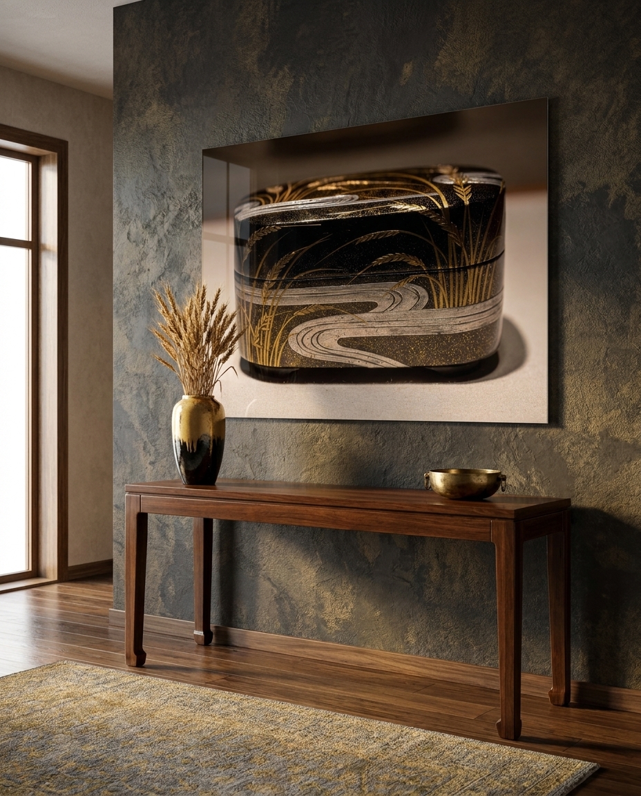 A black lacquer box dusted with gold, its autumn grasses and silver stream flowing across a deep, mirror-dark surface.