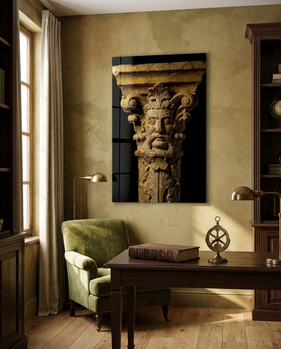 A foliate mask capital, carved leaves spilling from a stylized bearded face into deep raking shadow against black.