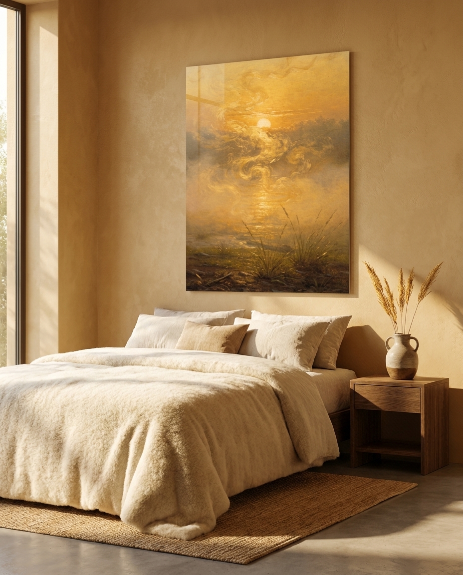 At dawn the warm earth breathes out, its slow steam curling into a low sun and turning to rising, luminous gold.