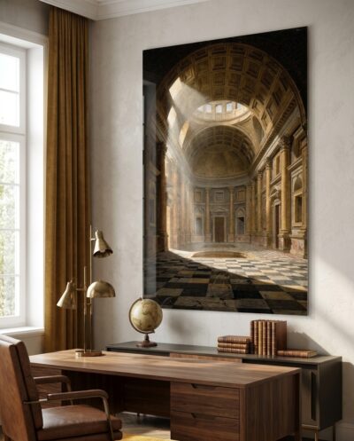 A hushed classical interior recedes to a distant lit dome, a single shaft of daylight crossing its measured, coffered void.