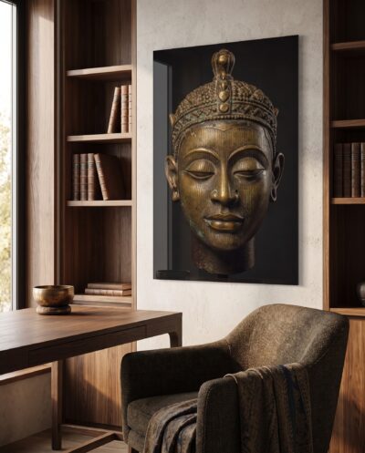 A serene cast-bronze royal head, eyes closed beneath a beaded crown, its striated surface aglow against deep shadow.
