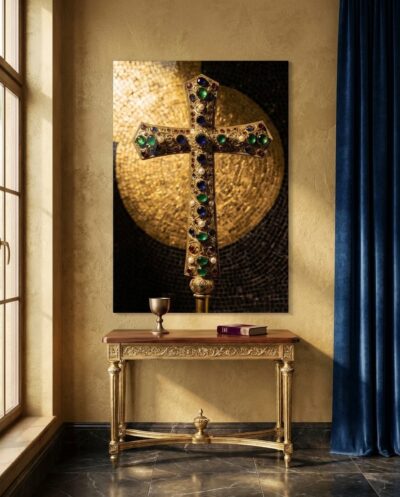 A gem-studded golden cross rises against a shimmering mosaic sun, its emeralds, sapphires and pearls catching the light like scattered fire.