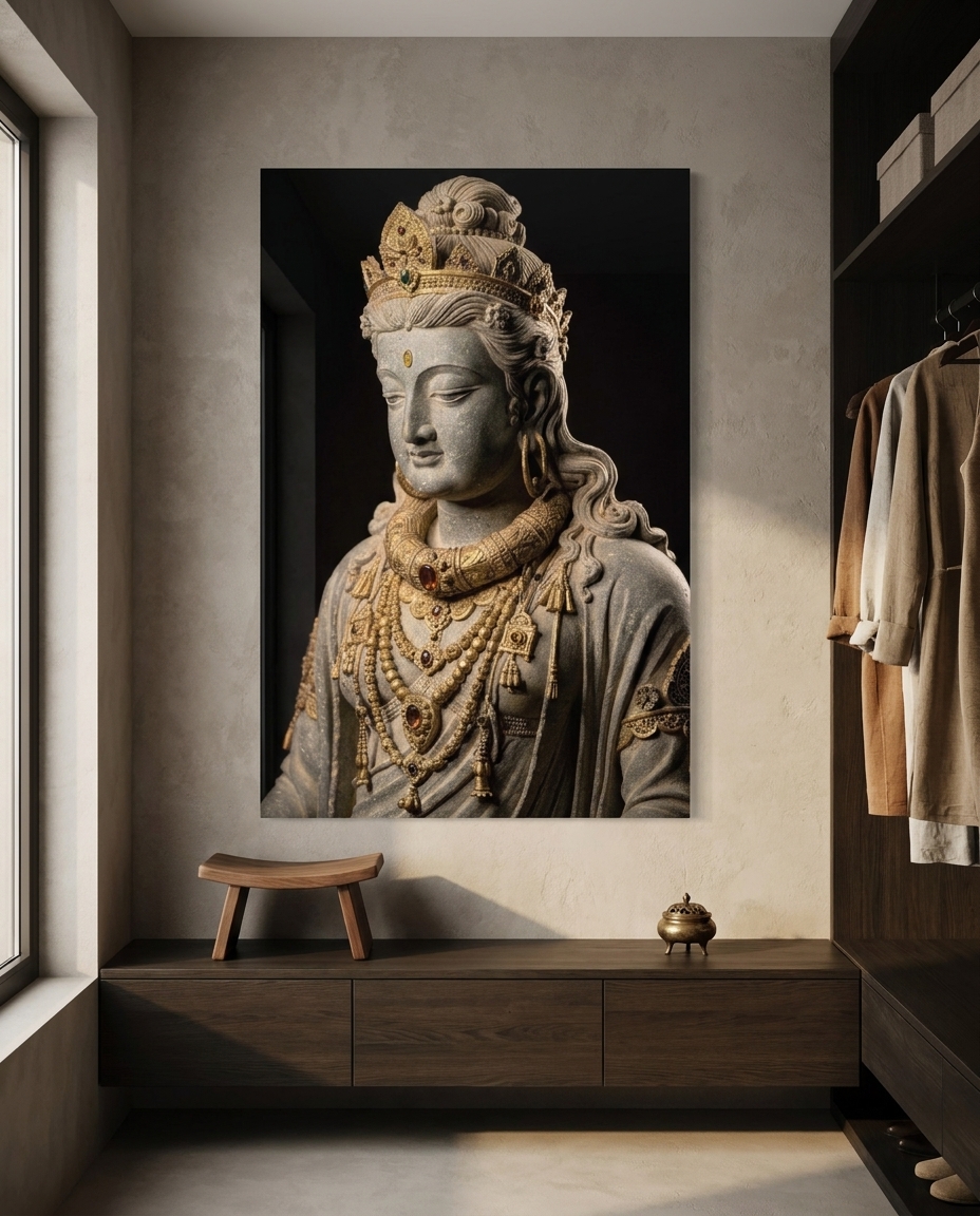 A crowned Bodhisattva carved in cool stone, laden with gilded jewels, gaze lowered in a moment of quiet, princely serenity.