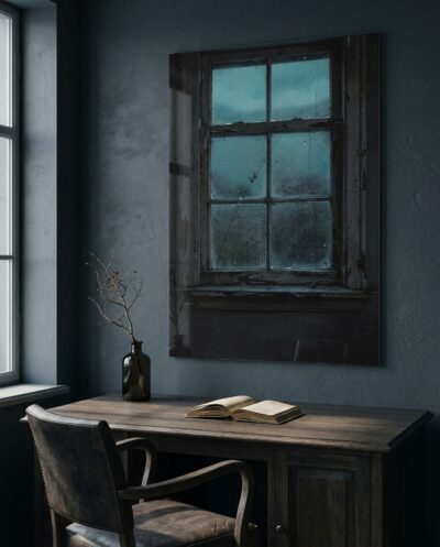 A small paned window glows cold teal at dusk, its glass beaded with moisture and dust, held against an almost black interior.