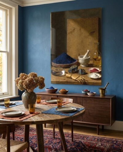 A workshop table laid with a heap of ground ultramarine, lapis, brushes and walnut oil, raked by a single warm window light.