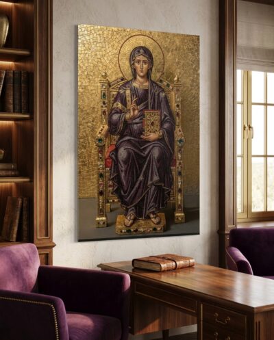 An enthroned figure in imperial purple holds a jewelled book, strictly frontal against a shimmering wall of gold.