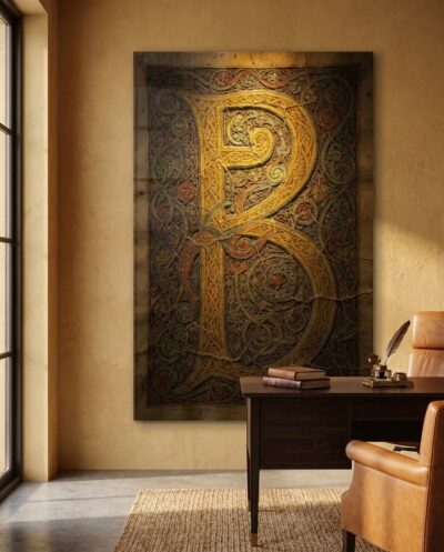 A colossal golden initial coils into spirals and knotwork until its form dissolves into pure, restless pattern.